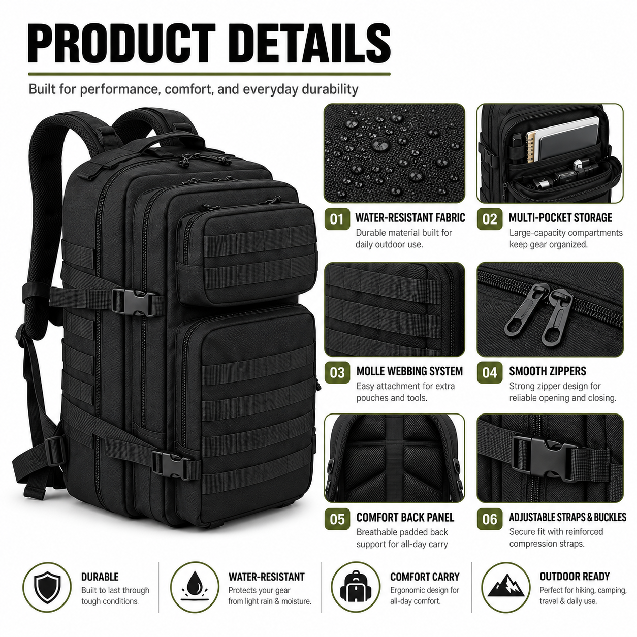 45L Tactical Backpack color options